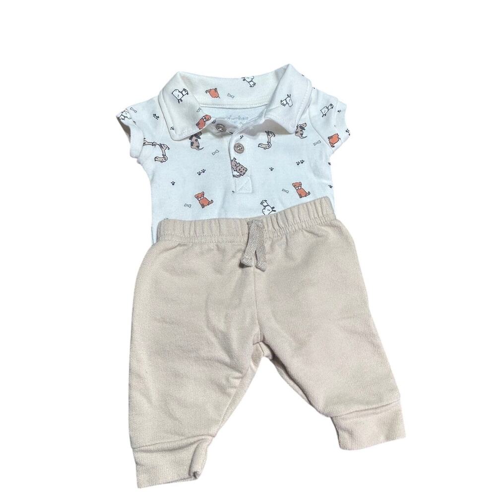 Sterling baby 2 piece polo bodysuit featuring dog prints and beige bottoms